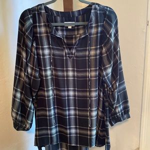 LOFT Plaid Tunic Top Tie at Neck size L